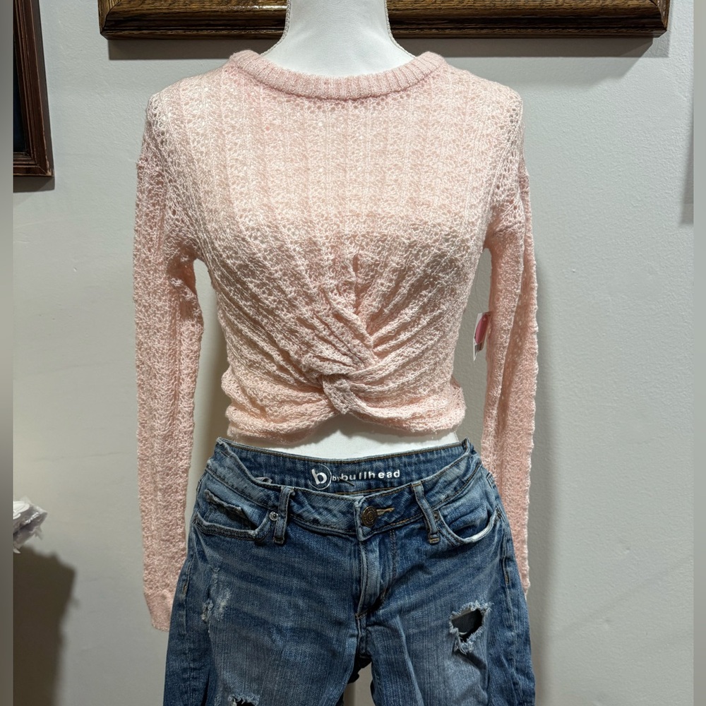 Love More women's knitted sweater XS pink cropped knotted front long sleeve NWT